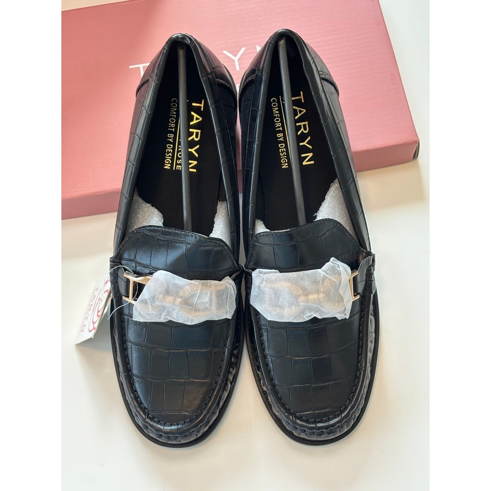 NEW Taryn Rose Korrin Leather Loafers Black Croc Size 9 Gold Chain Detail
